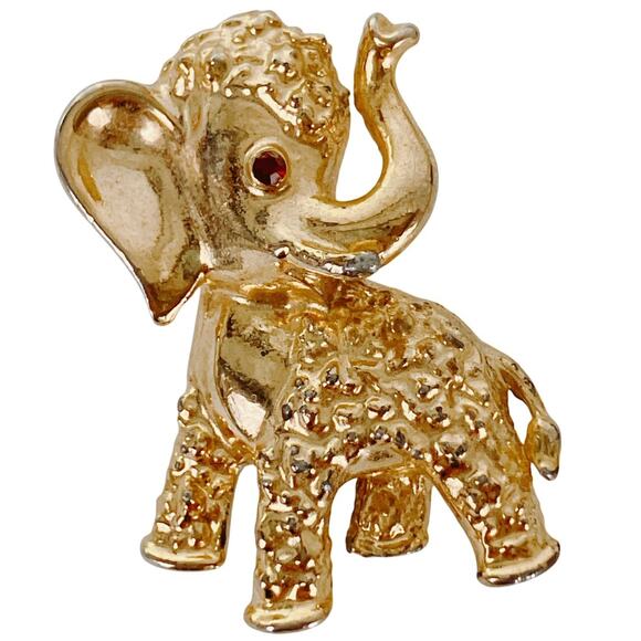VTG 1960s Gold Tone Elephant Brooch Red Rhinestone Eye Figural Pin Trifari Style - Picture 1 of 9